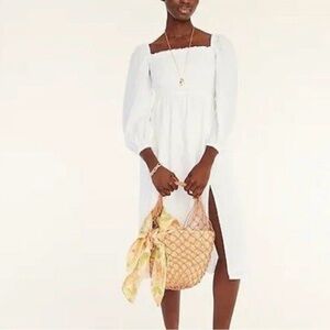 J.Crew White Linen Daydream Smocked Puff-Sleeve Dress Size Medium Tall